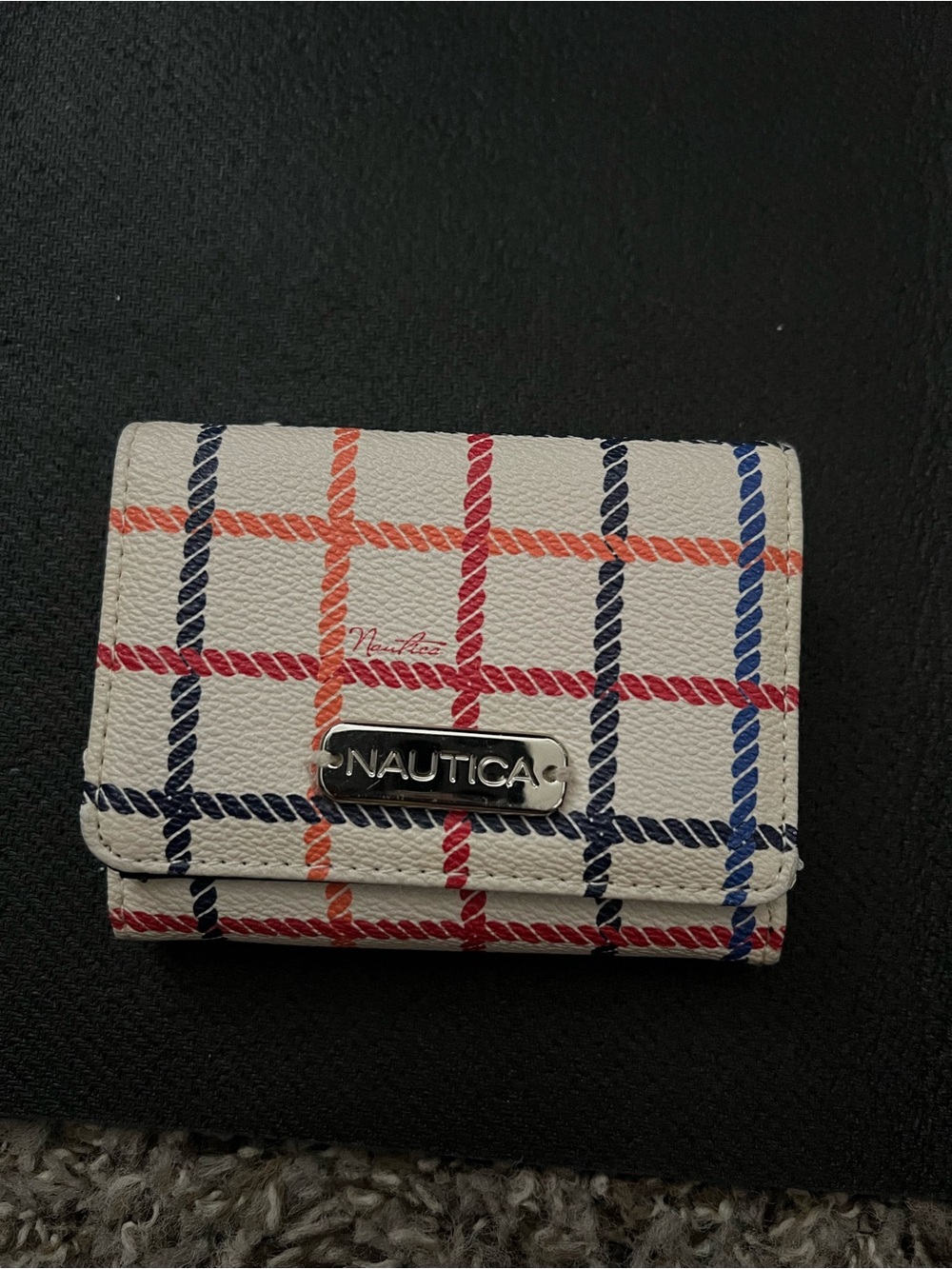 Nautica White Plaid Compact Card Holder with Navy, Red & Orange Accents